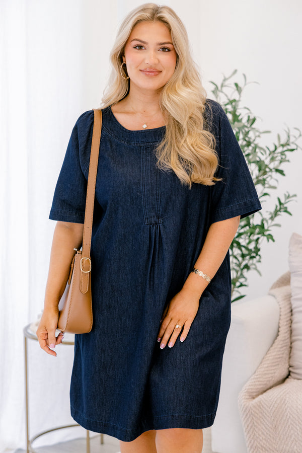 Chic Soul plus size clothing, dark denim short dress with short sleeves and slight square neckline