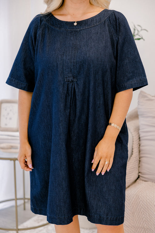 Chic Soul plus size clothing, dark denim short dress with short sleeves and slight square neckline