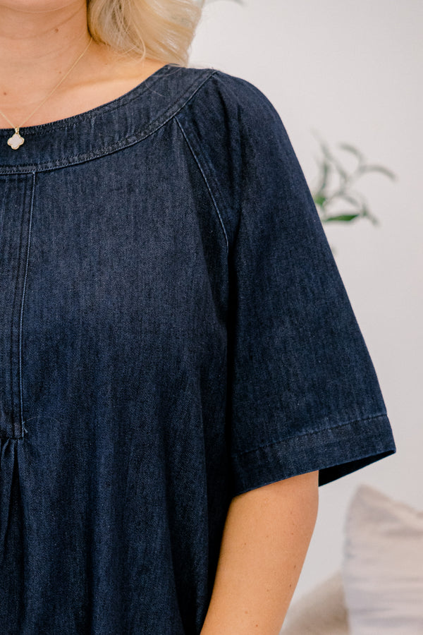 Chic Soul plus size clothing, dark denim short dress with short sleeves and slight square neckline