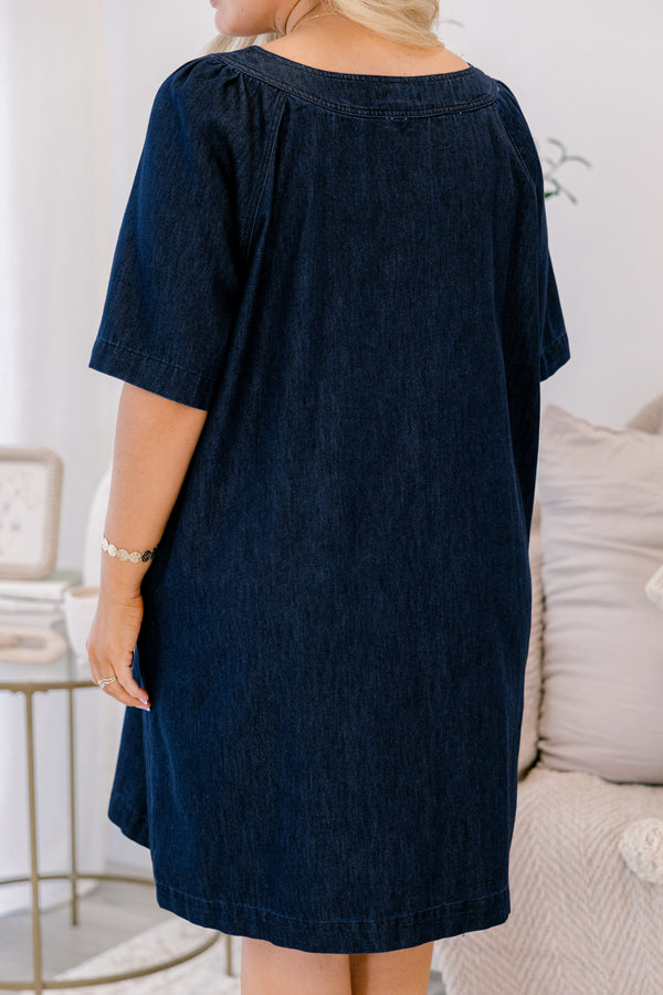 Chic Soul plus size clothing, dark denim short dress with short sleeves and slight square neckline
