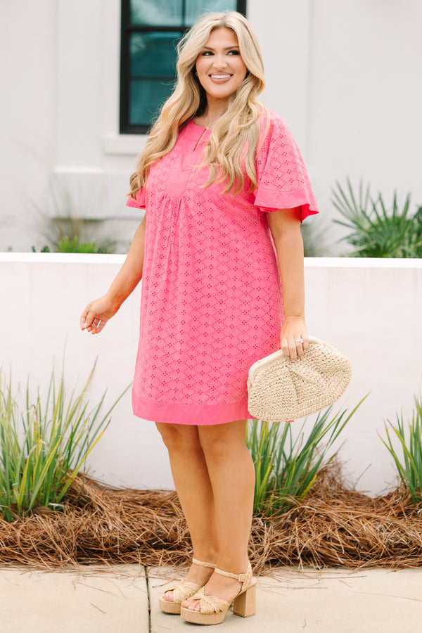 Chic Soul plus size clothing, pink knee length dress with bell sleeves a v-neckline and eyelet detailing throughout the dress 
