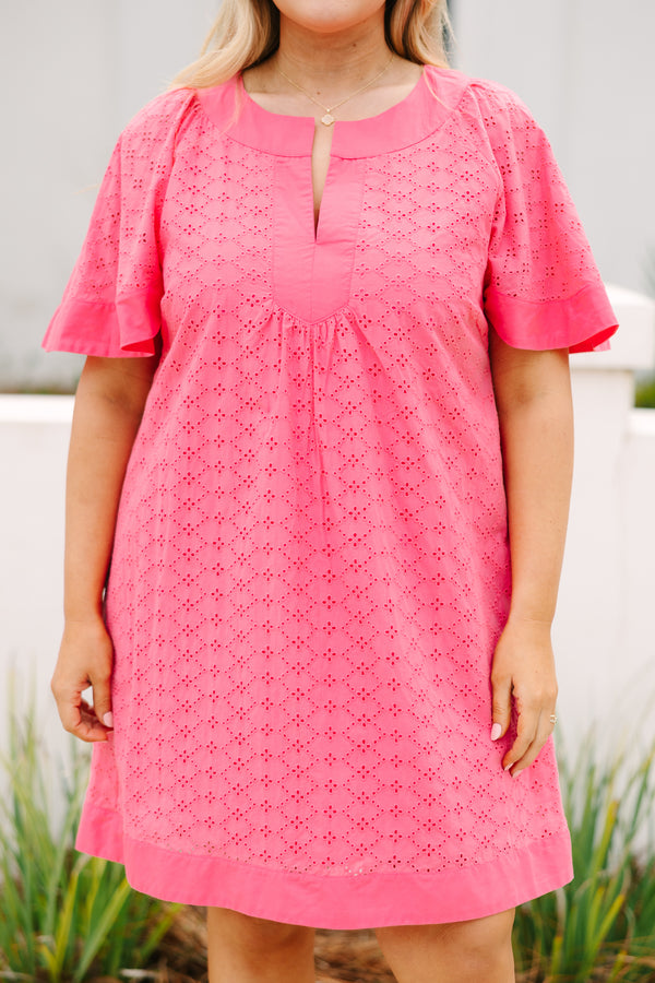 Chic Soul plus size clothing, pink knee length dress with bell sleeves a v-neckline and eyelet detailing throughout the dress 
