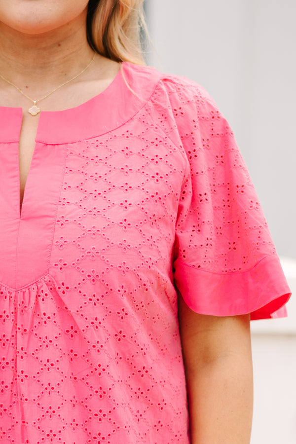 Chic Soul plus size clothing, pink knee length dress with bell sleeves a v-neckline and eyelet detailing throughout the dress 