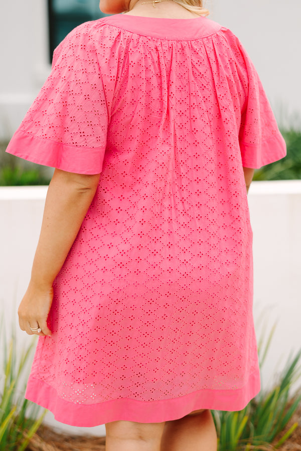 Chic Soul plus size clothing, pink knee length dress with bell sleeves a v-neckline and eyelet detailing throughout the dress 