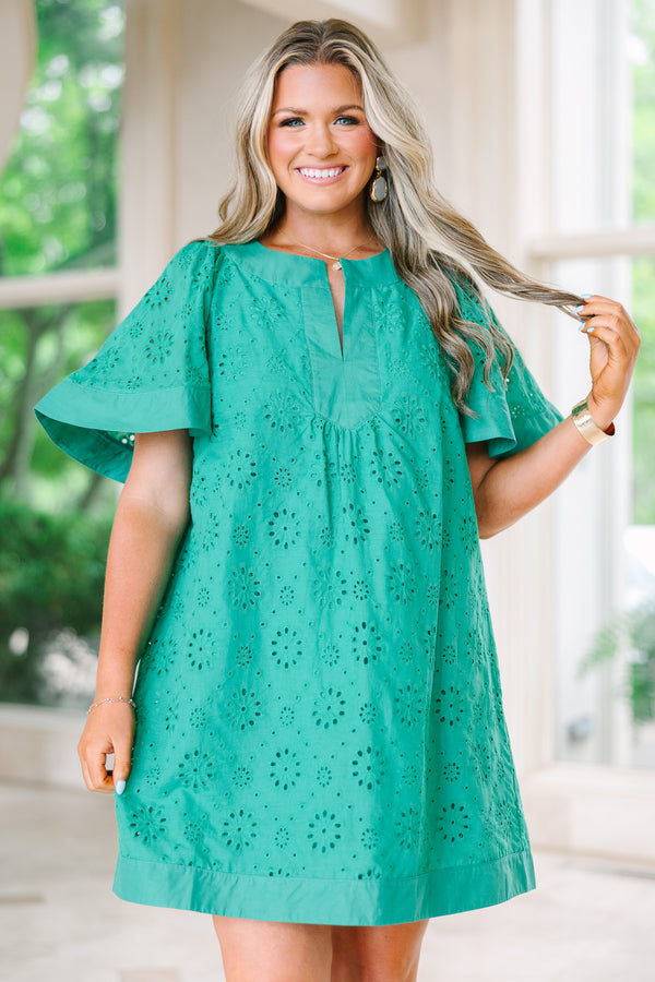 Chic Soul plus size clothing, turquoise knee length dress with bell sleeves a slight v-neckline as well as a circle eyelet pattern throughout 