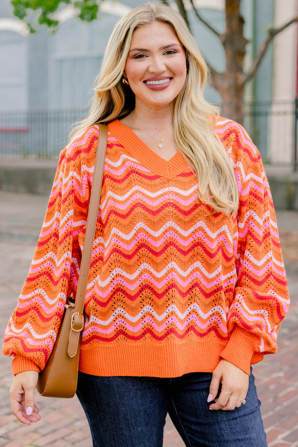 Chic Soul plus size clothing, orange and pink chevron loose knit v neck sweater 