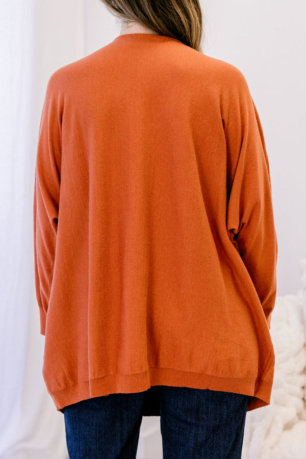 Chic Soul plus size clothing, copper orange long sleeve v neck tunic sweater with 2 front lower pockets