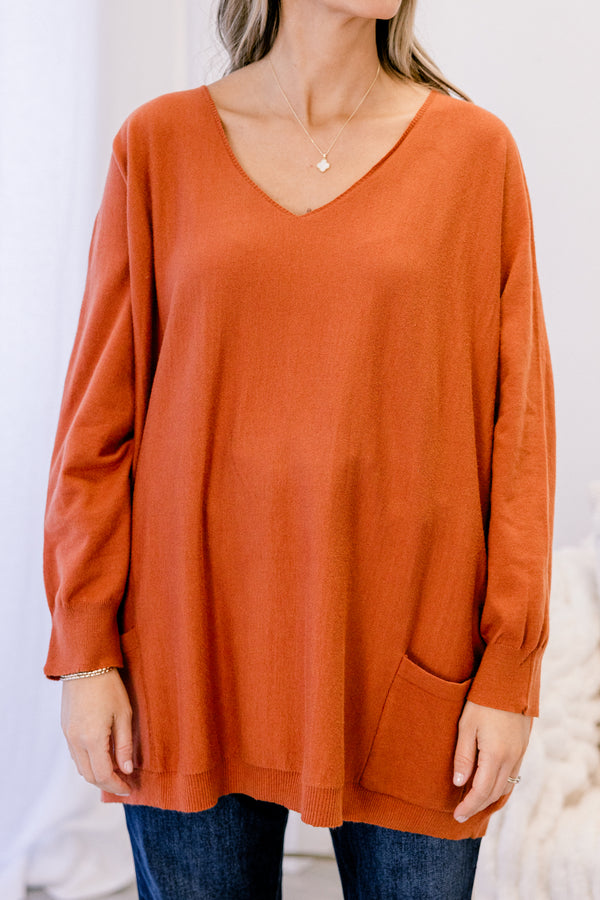 Chic Soul plus size clothing, copper orange long sleeve v neck tunic sweater with 2 front lower pockets