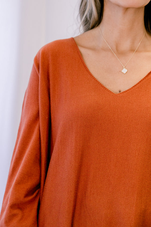 Chic Soul plus size clothing, copper orange long sleeve v neck tunic sweater with 2 front lower pockets