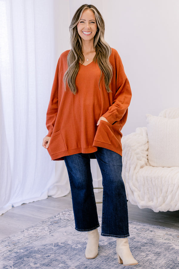 Chic Soul plus size clothing, copper orange long sleeve v neck tunic sweater with 2 front lower pockets