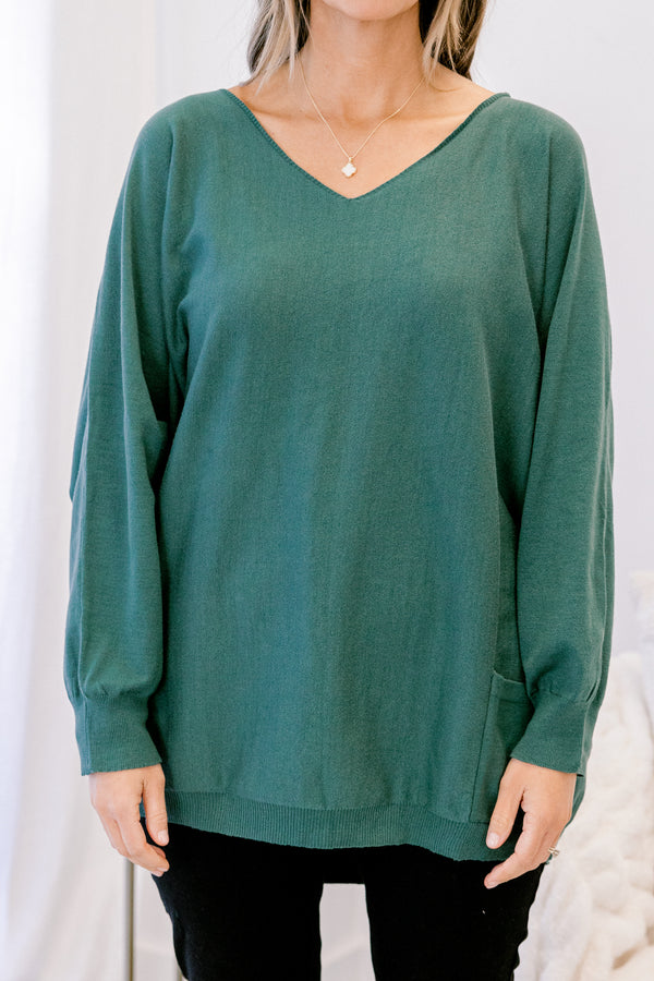 Chic Soul plus size clothing, Chic Soul plus size clothing, dark green long sleeve v neck tunic sweater with 2 front lower pockets