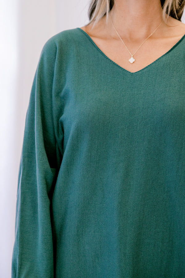 Chic Soul plus size clothing, Chic Soul plus size clothing, dark green long sleeve v neck tunic sweater with 2 front lower pockets
