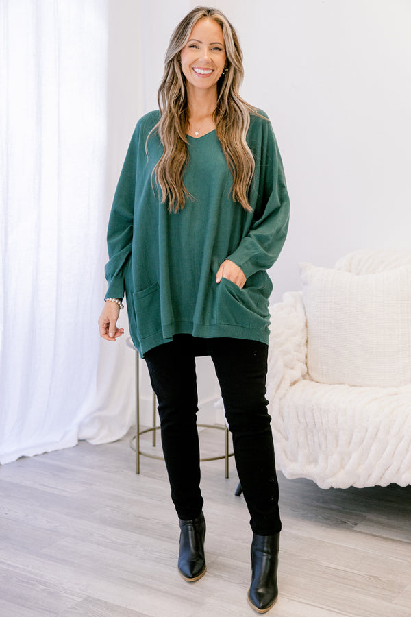 Chic Soul plus size clothing, Chic Soul plus size clothing, dark green long sleeve v neck tunic sweater with 2 front lower pockets