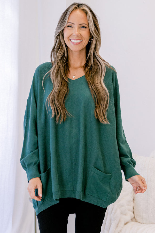 Chic Soul plus size clothing, Chic Soul plus size clothing, dark green long sleeve v neck tunic sweater with 2 front lower pockets