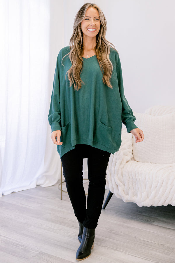 Chic Soul plus size clothing, Chic Soul plus size clothing, dark green long sleeve v neck tunic sweater with 2 front lower pockets