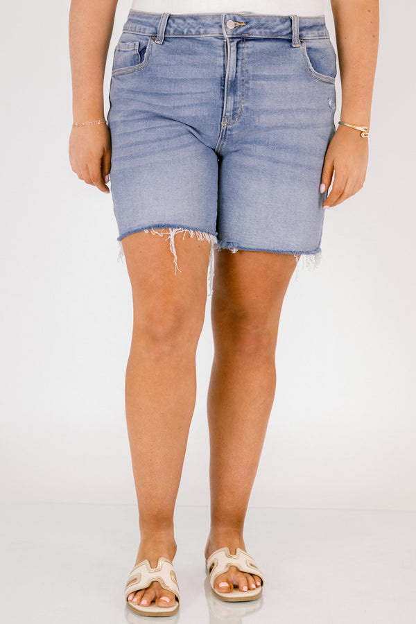 Chic soul plus size clothing, light wash mid thigh length shorts with distressed hem