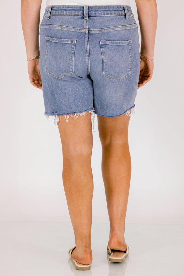 Chic soul plus size clothing, light wash mid thigh length shorts with distressed hem