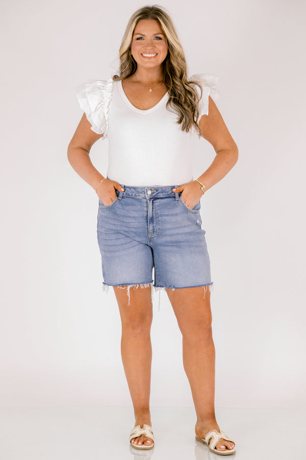 Chic soul plus size clothing, light wash mid thigh length shorts with distressed hem