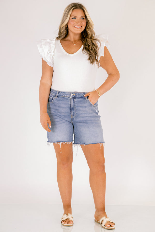 Chic soul plus size clothing, light wash mid thigh length shorts with distressed hem