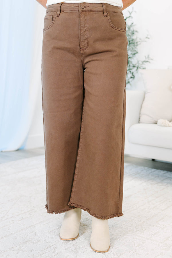 Plus Size cocoa brown wide-leg jeans with a raw fringe hem and five-pocket styling.