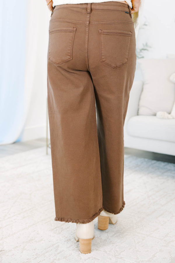 Plus Size cocoa brown wide-leg jeans with a raw fringe hem and five-pocket styling.