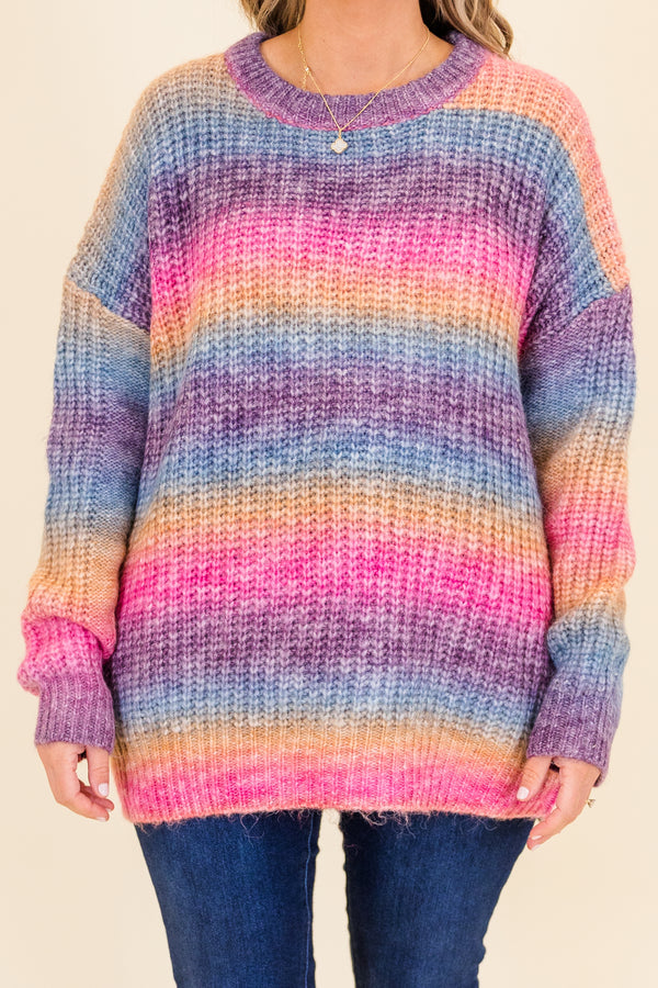 Chic Soul plus size clothing, long-sleeve pink multi-colored knit sweater with scoop-neckline and water color gradient knit pattern