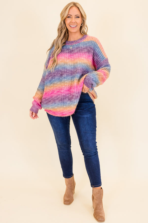Chic Soul plus size clothing, long-sleeve pink multi-colored knit sweater with scoop-neckline and water color gradient knit pattern