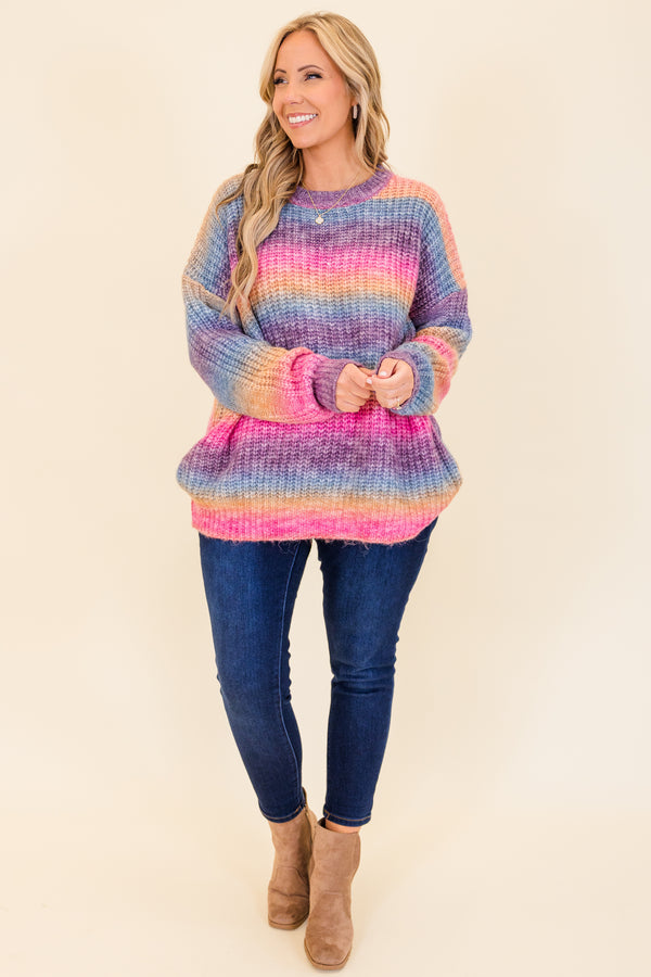 Chic Soul plus size clothing, long-sleeve pink multi-colored knit sweater with scoop-neckline and water color gradient knit pattern