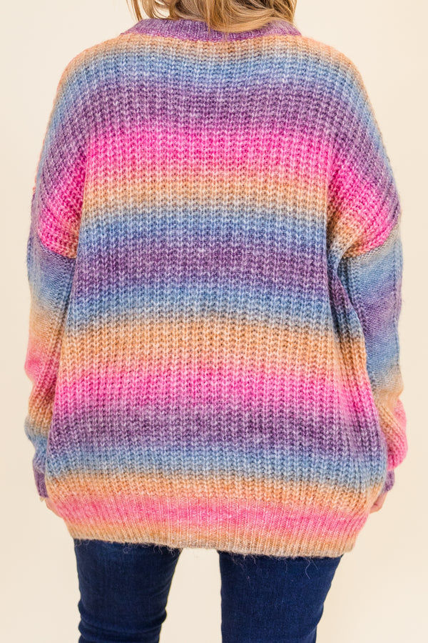 Chic Soul plus size clothing, long-sleeve pink multi-colored knit sweater with scoop-neckline and water color gradient knit pattern