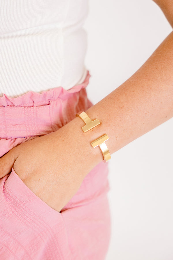 Chic Soul plus size clothing, gold open cuff bracelet with a horizontal gold bar on each side of the wrist 
