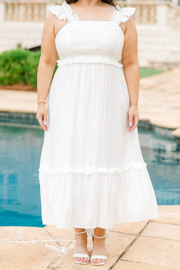 Chic Soul plus size clothing, ruffled strap white ruffled baby doll midi dress with a square-neckline