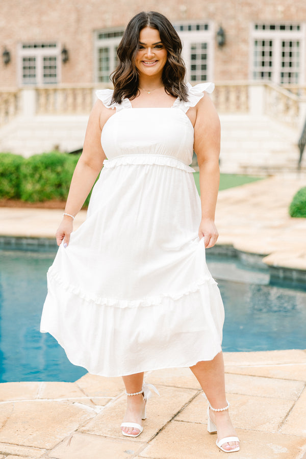 Chic Soul plus size clothing, ruffled strap white ruffled baby doll midi dress with a square-neckline