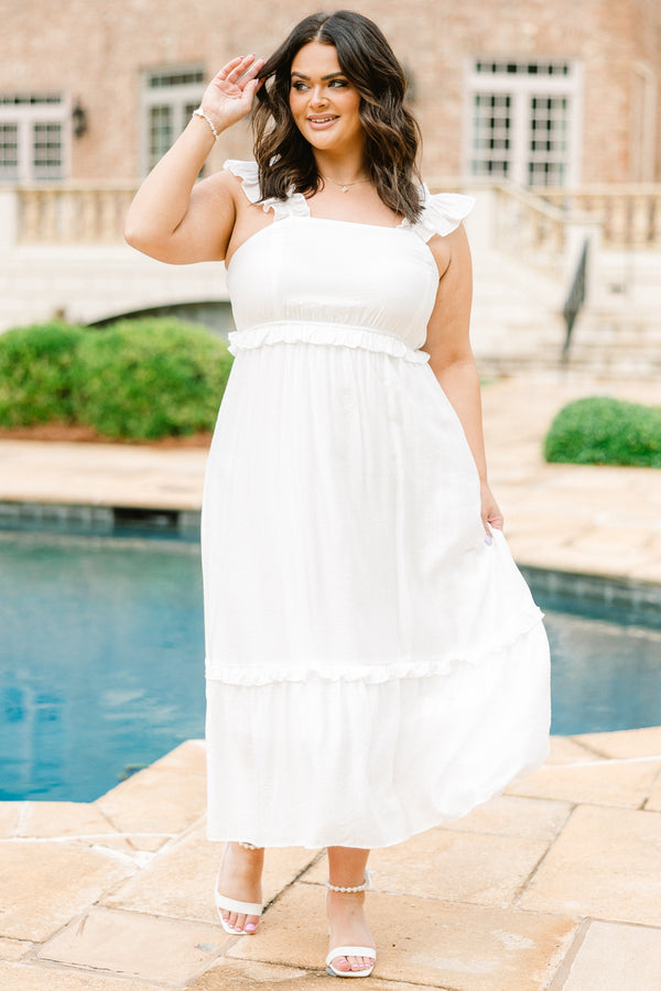 Chic Soul plus size clothing, ruffled strap white ruffled baby doll midi dress with a square-neckline