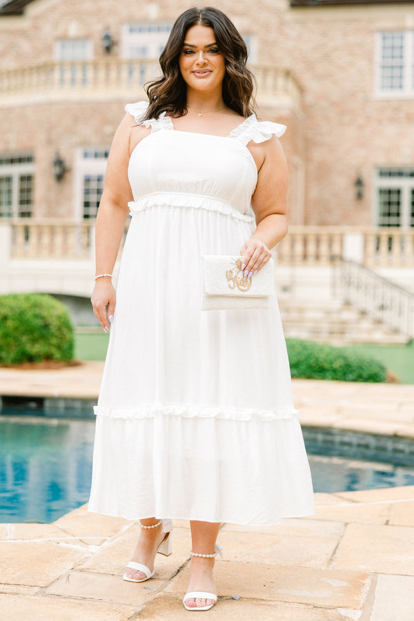 Chic Soul plus size clothing, ruffled strap white ruffled baby doll midi dress with a square-neckline