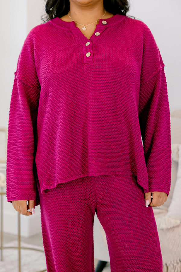 Chic Soul plus size clothing, berry pink long sleeve quarter button down top with side slits and berry pink long stretchy waistband pants set
