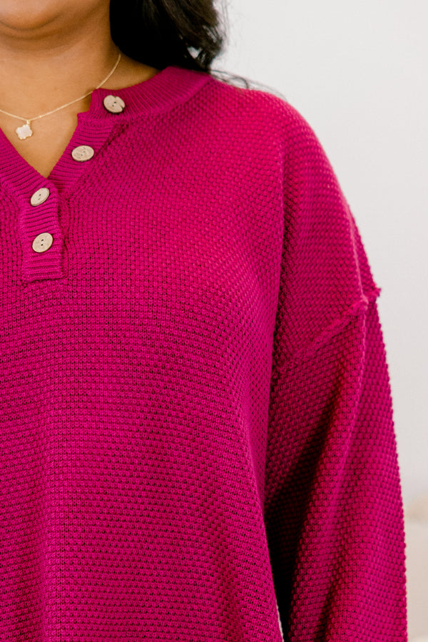 Chic Soul plus size clothing, berry pink long sleeve quarter button down top with side slits and berry pink long stretchy waistband pants set