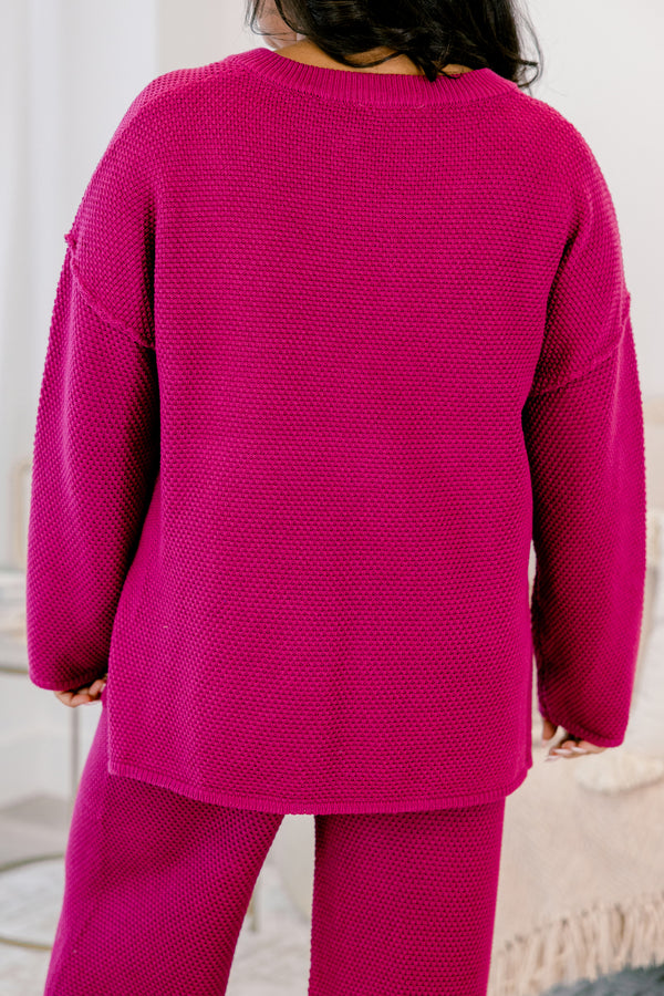 Chic Soul plus size clothing, berry pink long sleeve quarter button down top with side slits and berry pink long stretchy waistband pants set