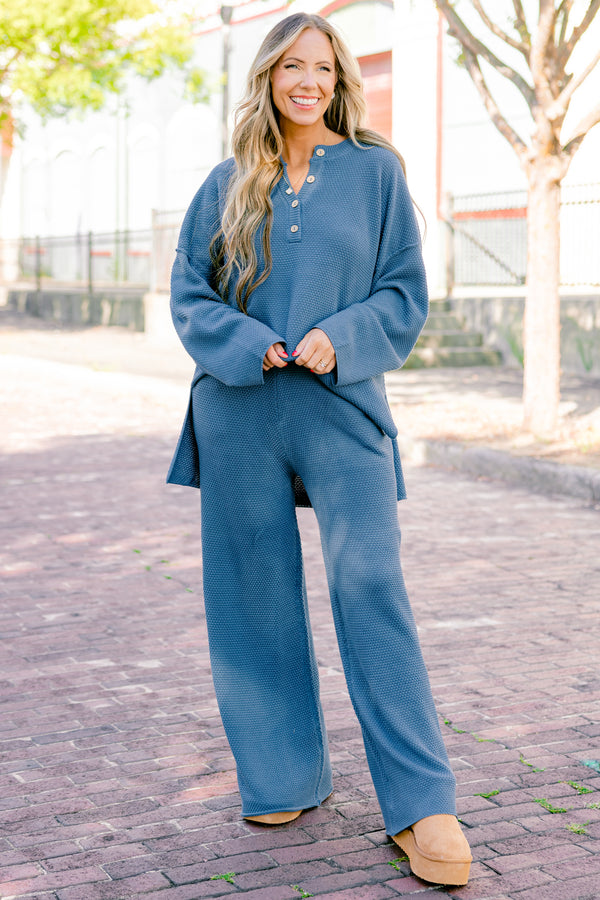 Chic Soul plus size clothing, blue set that has pants and a long sleeve top that both have a waffle knit texture and the top has buttons going down to the chest