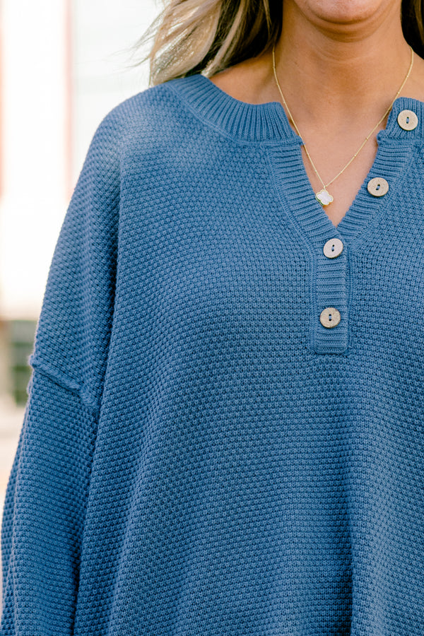 Chic Soul plus size clothing, blue set that has pants and a long sleeve top that both have a waffle knit texture and the top has buttons going down to the chest