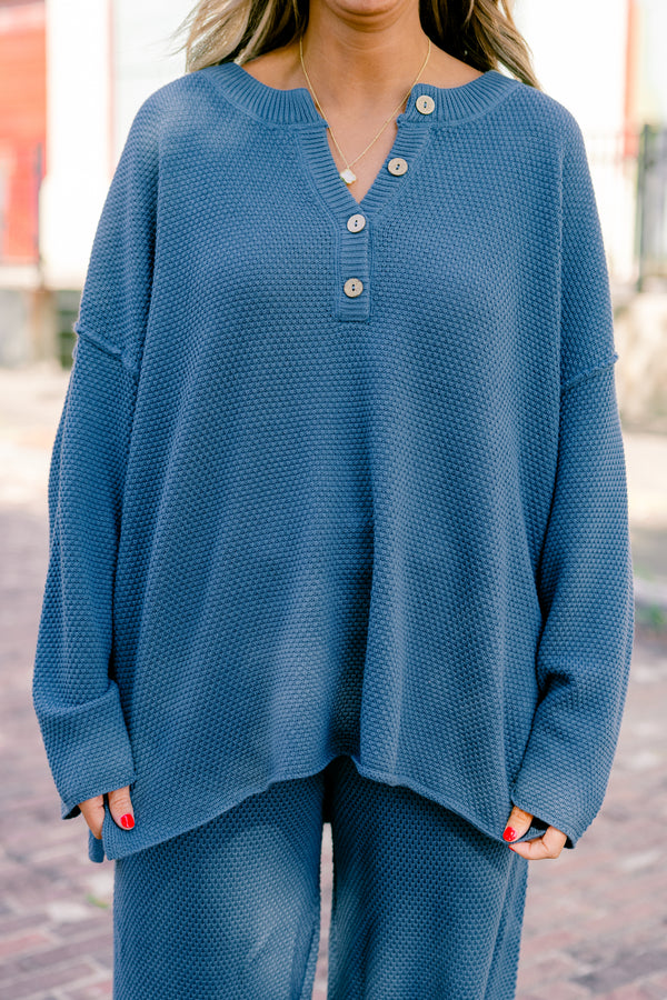 Chic Soul plus size clothing, blue set that has pants and a long sleeve top that both have a waffle knit texture and the top has buttons going down to the chest