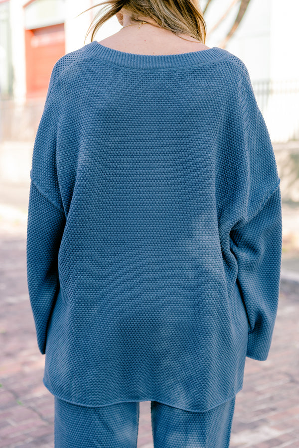 Chic Soul plus size clothing, blue set that has pants and a long sleeve top that both have a waffle knit texture and the top has buttons going down to the chest