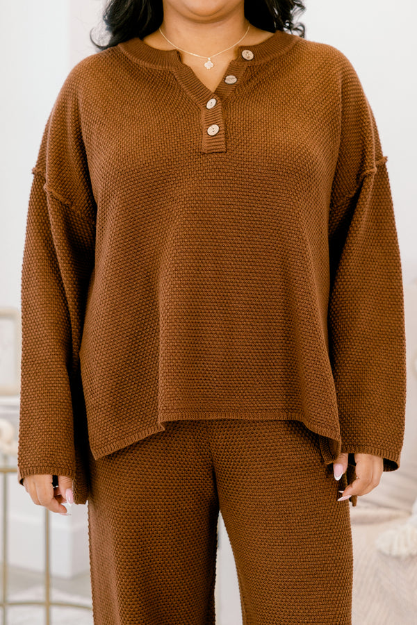 Chic Soul Plus size Clothing, brown set with pants and a long sleeve top that have a waffle knit texture and the the top has buttons going down to the chest
