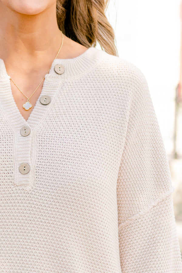 Chic Soul Plus size Clothing, cream set with pants and a long sleeve top that have a waffle knit texture and the the top has buttons going down to the chest 