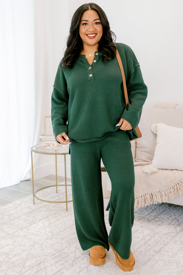 Chic Soul Plus size Clothing, hunter green set with pants and a long sleeve top that have a waffle knit texture and the the top has buttons going down to the chest