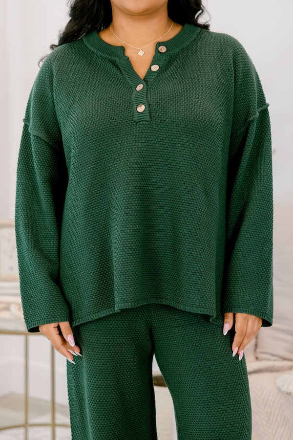 Chic Soul Plus size Clothing, hunter green set with pants and a long sleeve top that have a waffle knit texture and the the top has buttons going down to the chest