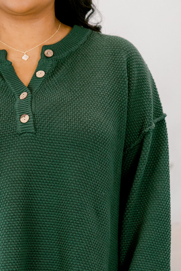 Chic Soul Plus size Clothing, hunter green set with pants and a long sleeve top that have a waffle knit texture and the the top has buttons going down to the chest