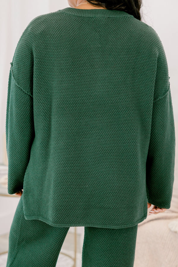Chic Soul Plus size Clothing, hunter green set with pants and a long sleeve top that have a waffle knit texture and the the top has buttons going down to the chest