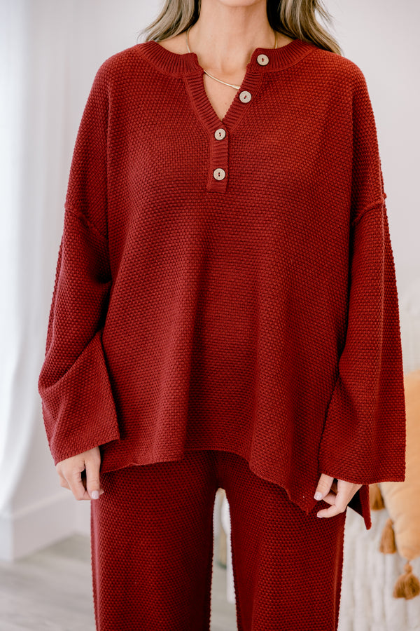 Chic Soul Plus size Clothing, wine red set with pants and a long sleeve top that have a waffle knit texture and the the top has buttons going down to the chest