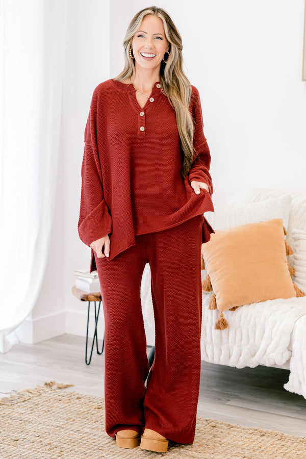 Chic Soul Plus size Clothing, wine red set with pants and a long sleeve top that have a waffle knit texture and the the top has buttons going down to the chest