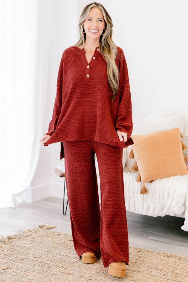 Chic Soul Plus size Clothing, wine red set with pants and a long sleeve top that have a waffle knit texture and the the top has buttons going down to the chest